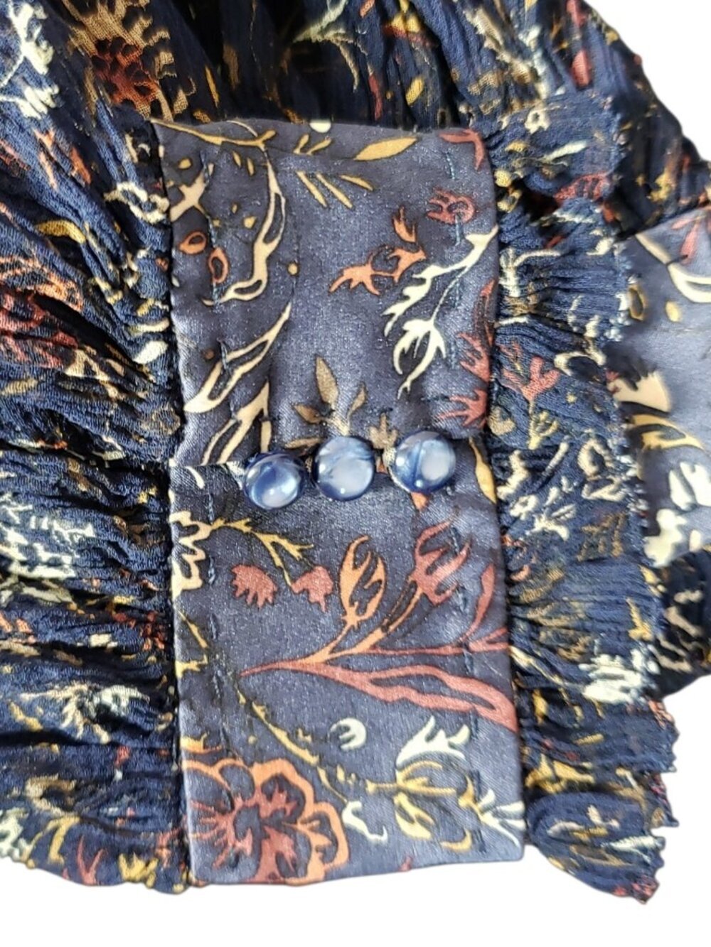 Elie Tahari Floral Sheer Silk Blouse With Ruffle Collar & Cuff Navy/Orange XSmal - Picture 6 of 16